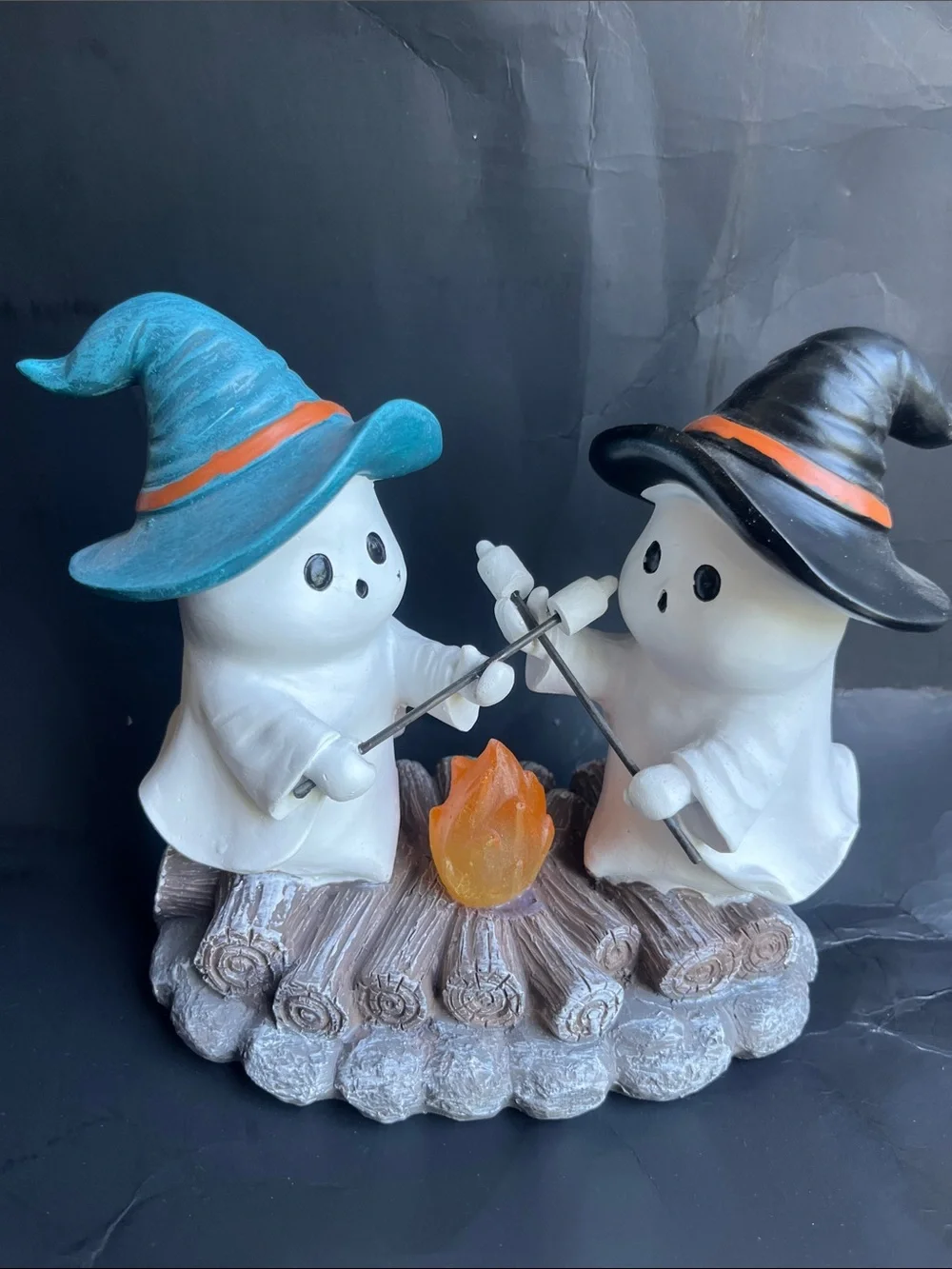 Halloween Ghost Duo Figurine with Blue and Black Witch Hats